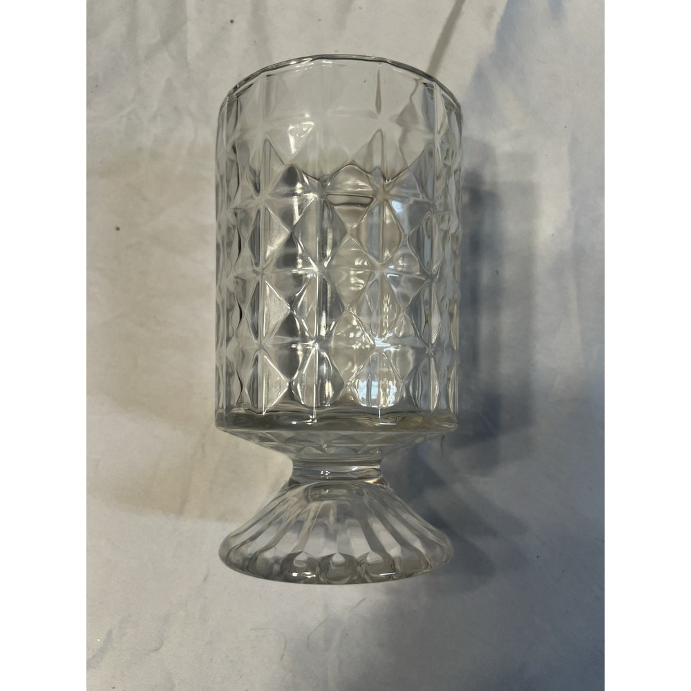 Vintage Clear Diamond Cut Footed‎ Glass Vase Ribbed Pedestal Base 6.5 Inch